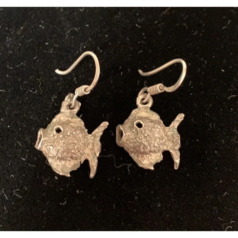 Vintage Sterling Silver Puffy Blow Fish Earrings Dangle Drop